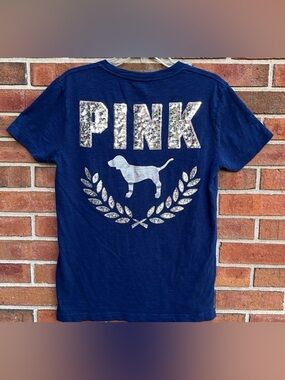 PINK Victoria’s Secret Navy Blue Silver Sequin Large Logo Dog Relaxed Pocket Tee